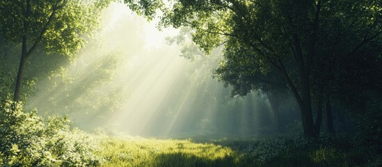 Fototapete - Scenic panorama of a lush green forest with sunlight beams filtering through vibrant deciduous foliage in tranquil natural setting
