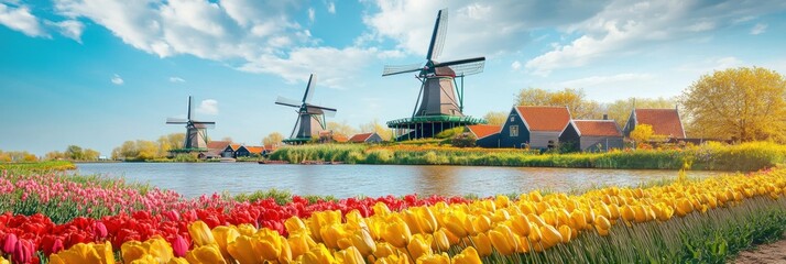 Poster - Stunning tulip fields bloom alongside classic windmills in a picturesque countryside setting in springtime. Generative AI