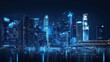 © lestari - Futuristic cityscape at night with glowing, interconnected skyscrapers, reflecting in water, overlaid with digital network lines and data visualizations.