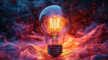 Poster - Light bulb surrounded by swirling smoke and glowing embers, illuminated filament. Creativity and innovation concept