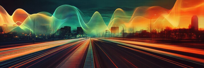 Poster - Busy urban road with vibrant sound waves visualized above in an abstract display during twilight hours. Generative AI