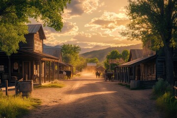 Aufkleber - Sunset over dusty old town with rustic buildings and cows on the road in a peaceful rural setting. Generative AI