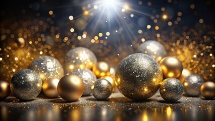 Wall Mural - glittering balls on a dark background with gold and silver hues, surrounded by a halo of light