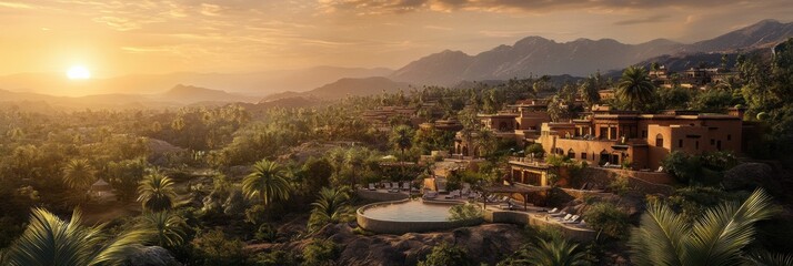 Leinwandbilder - Stunning sunset over a tranquil luxury resort in a tropical landscape with lush greenery and majestic mountains. Generative AI