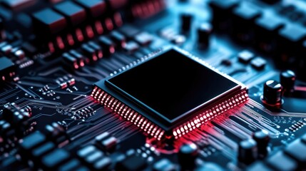 Leinwandbilder - Central processing unit glowing red on circuit board closeup