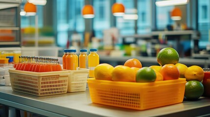 Sticker - Colorful display of fresh fruits and juices in a modern kitchen setting, vibrant ambiance