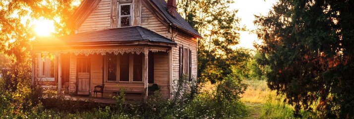 Aufkleber - Contrast of decay and warmth in natures embrace at a once loved cottage. Generative AI