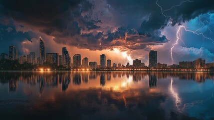 Fototapete - A city skyline reflecting a spectacular lightning storm