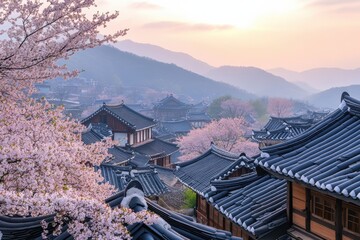 Poster - Serenity of spring blossoms over traditional rooftops in a mountain village during sunset. Generative AI