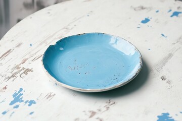 Poster - A blue ceramic plate resting on a rustic white wooden surface