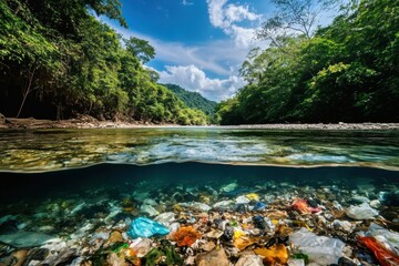 Wall Mural - comparison of a polluted river filled with trash and a clear pristine stream showcasing environmenta