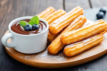 Wall Mural - Delicious churros with chocolate dip, mint and blueberries on wooden plate