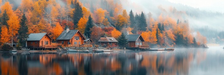 Aufkleber - Scenic lakeside cabins surrounded by autumn foliage and morning mist in a peaceful natural setting. Generative AI