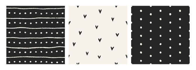 Fototapete - Seamless patterns set with tiny hearts, thin stripes, simple polka dot. Endless background, repeating hand-drawn print. Texture for textile, fabric, wrapping design. Modern flat vector illustration