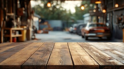 Empty wooden table in front of blurred auto repair shop background