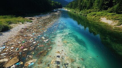 Wall Mural - comparison of polluted river filled with trash and pristine clear water stream showcasing environmen