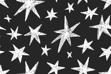 Fototapete - Seamless star pattern, hand-drawn crayon style texture. Doodle starry print, endless repeating design. Chalk drawing background for textile, wallpaper, wrapping, fabric. Modern vector illustration
