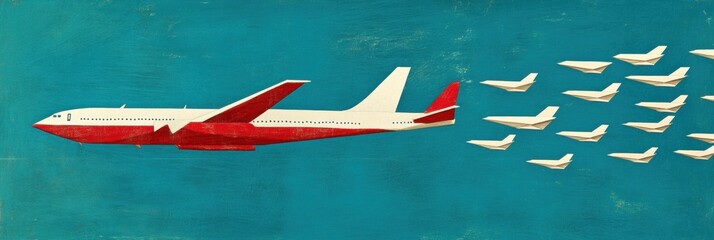 Aufkleber - Red and white airplane guiding smaller paper planes in a blue sky representing leadership and direction. Generative AI
