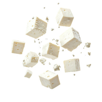 feta cheese falling on transparent background