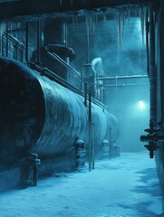 Fototapete - Cryogenic storage tank surrounded by frost covered pipes and cold mist in industrial facility. Generative AI