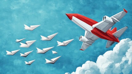 Aufkleber - Red and white airplane leads paper plane formation in a blue sky showing leadership and direction. Generative AI