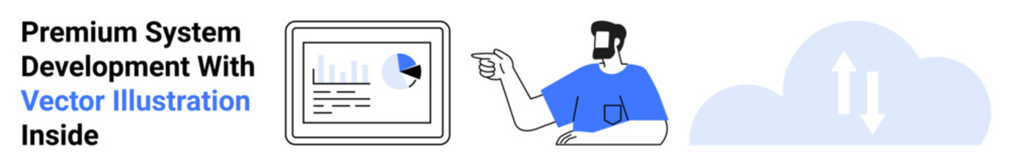 Person pointing at a digital dashboard screen displaying analytics, pie chart, and graphs, with a cloud icon symbolizing syncing. Ideal for innovation, data, teamwork, analysis, tech presentation