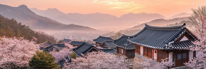 Poster - Cherry blossom season in a serene mountain village at sunrise with traditional Korean architecture and a misty valley view. Generative AI