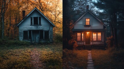 Aufkleber - Contrast between an abandoned house overrun by nature and a cozy cottage with warm lights. Generative AI