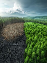 Poster - Contrast between deforested land and thriving forest highlights the importance of nature conservation efforts. Generative AI