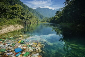 Wall Mural - polluted river contrasts with clear water stream highlighting environmental issues in remote wildern