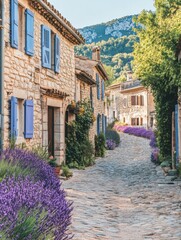 Poster - Charming village street lined with lavender in a picturesque setting during summer. Generative AI