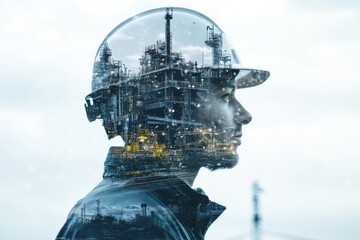 Wall Mural - a construction worker in a safety helmet gazes thoughtfully, with a double exposure of an industrial
