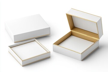 Elegant white gift boxes with gold accents open and closed showcasing luxury packaging design isolated on white background