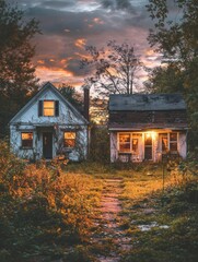 Aufkleber - Nature reclaims abandoned house while restored cottage radiates warmth and charm at twilight. Generative AI