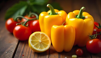 Wall Mural - Fresh yellow peppers, tomatoes and a lemon on a wooden table, close-up view