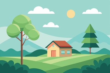 a simple house sits peacefully amidst green hills, under a clear sky with fluffy clouds and a bright