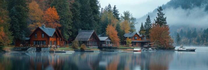 Leinwandbilder - Serene lake view surrounded by autumn trees and cozy wooden cabins in a tranquil landscape. Generative AI