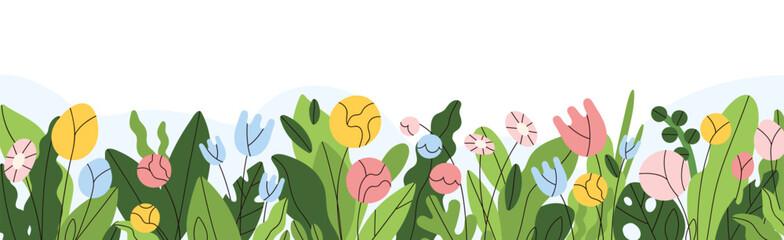 floral border decoration. field flowers, horizontal design with blooming plants, leaves. meadow natu