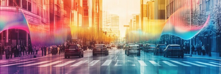 Poster - Visualizing sound waves above a busy urban road during a lively afternoon in a vibrant cityscape. Generative AI