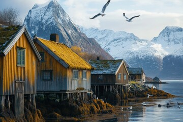 Leinwandbilder - Colorful wooden cabins along the serene fjord reflecting majestic mountains in a tranquil setting. Generative AI