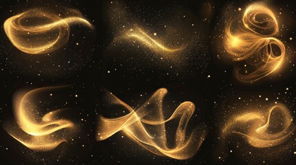 Wall Mural - Abstract glowing golden light effect set illustration of swirling lines with sparkling stars on a black background