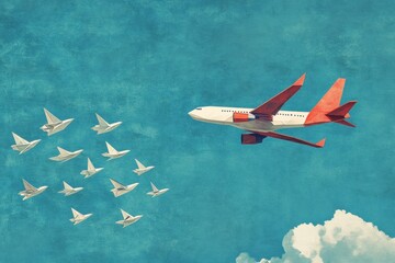 Aufkleber - Red and white airplane guides a fleet of paper planes in a vibrant blue sky. Generative AI