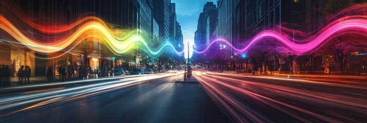 Poster - Visualizing sound waves above a busy urban road at twilight with vibrant abstract colors. Generative AI