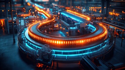 Wall Mural - A vibrant industrial scene showcasing a circular conveyor belt illuminated by neon lights