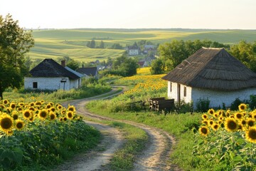 Poster - Sunflowers bloom along a winding dirt road in a picturesque rural setting during golden hour. Generative AI