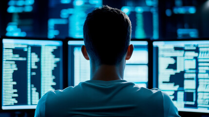 a person sitting in front of multiple monitors displaying code, immersed in programming or data anal