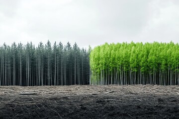 Poster - Contrast between deforested land and a thriving green forest highlights the importance of nature conservation. Generative AI