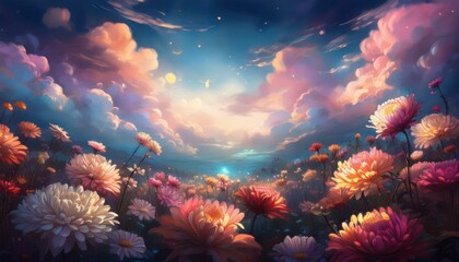 Wall Mural - chrysanthemum flowers field against the sky in painting style image, part 39