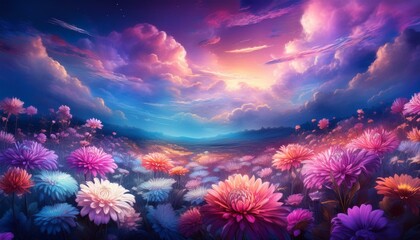 Wall Mural - chrysanthemum flowers field against the sky in painting style image, part 38
