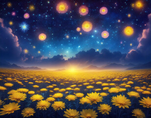 Wall Mural - Chrysanthemum  Flowers Field against the sky in painting style image, part 33